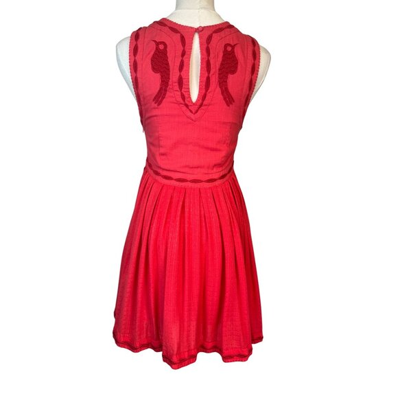 Free People Size 0 Red Sleeveless Embroidered Fit & Flare Dress Bird & Floral - Picture 8 of 13